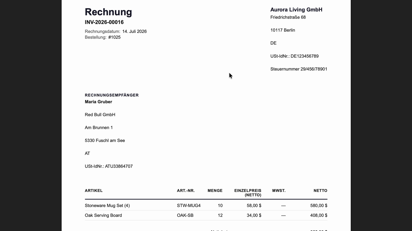 A German reverse-charge VAT invoice generated by Facturely